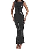 hibshaby Faux Leather Bodycon Maxi Dress, Women's Sexy Boat-Neck Tank Elegant Long Dresses Black L