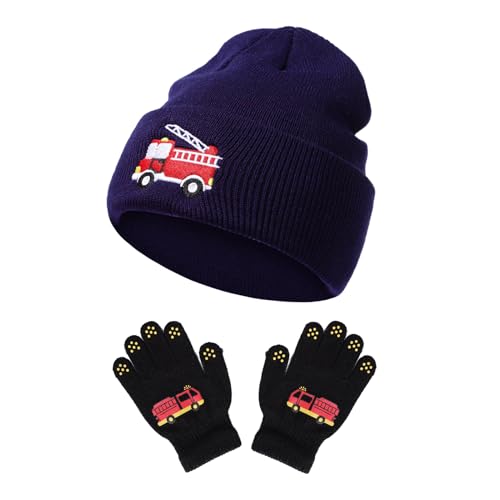 Kids Knit Beanies with Gloves, Boys Girls Embroidery Cat Hat Tractor Beanie Winter Caps for 3-8 Years
