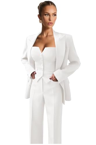 LEWIJO Womens Suit Petite 3 Piece White Suits for Women Wedding Guest Double Breasted Tuxedo Casual Square Neck Womens Suits Size Small