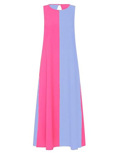 Image of Zontroldy Summer Casual Dress for Women Long Sleeveless Crewneck Dresses Color Block Side Slit Beach Vacation Dress