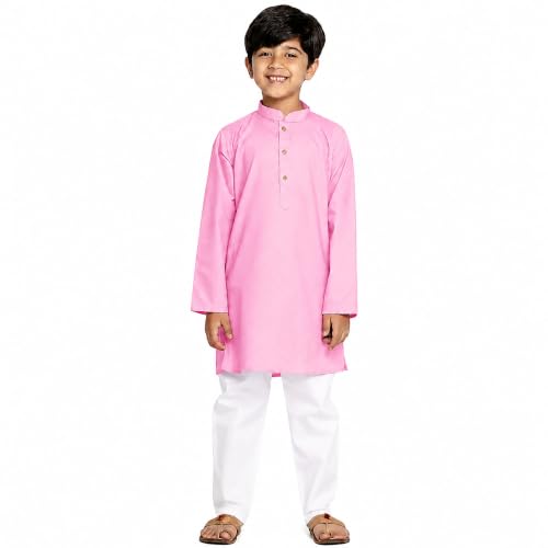 Chandrakala Kids Kurta Pajama Set for Boys, Cotton Blend Mandarin Collar Kurta with Pocket, Elastic Waist Pyjama, Ethnic Wear for Diwali Eid & Weddings, Pink, 6-7 Years