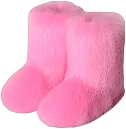 BININBOX Faux Fur Boots for Women Fuzzy Fluffy Furry Round Toe Suede Winter Comfy Plush Warm Short Snow Bootie Flat Shoes Mid-Calf Boots Outdoor Indoor(7 B(M) US,Pink)