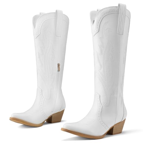 Image of Rollda Cowboy Boots for Women Cowgirl Boots Embroidered Knee-High Western Boots Pointy Toe with Chunky Heel