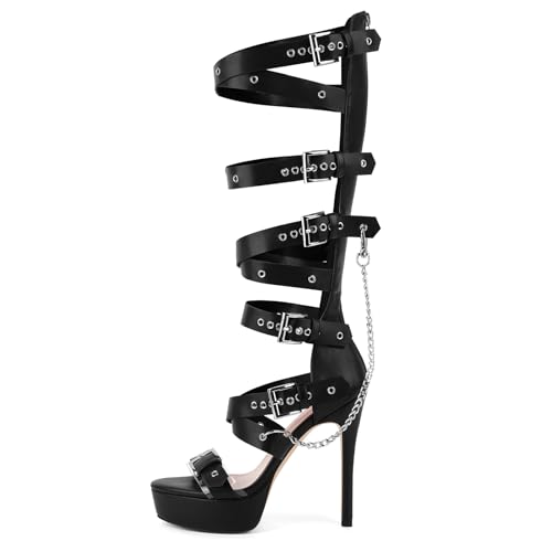 Clear Knee High Strappy Buckle Heels Gladiator Sandals with Chains Transparent Goth Sandals for Women Back Zipper Punk Platform Stiletto Boots Black Eyelets Belt Strap Heels Pole Dance Wedding Size 7