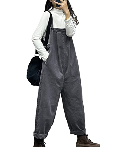 YESNO Overalls Women Plus Size Loose Fit Jumpsuits Adjustable Waist Casual Long Bib Pants Cotton Rompers with Pockets S PQ1 Gray