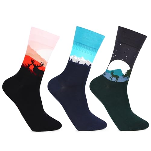 Image of Bonjour Men's Seasonal Reindeer Trio Designer Socks ||Men's Bold Crew length socks || Socks for Men || Free Size Multicolor Calf Length Men Socks - Pack of 3