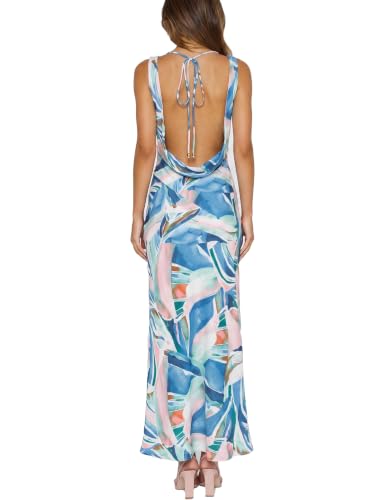 Image of KOUNAI Satin Backless Formal Maxi Dresses for Women Wedding Guest | Silk,Cowl Neck,Drape Neck,Open Back,Sleeveless,Tie Back,Elegant,Cocktail,Bridesmaid,Beach,Vacation,Party,Graduation,Midi