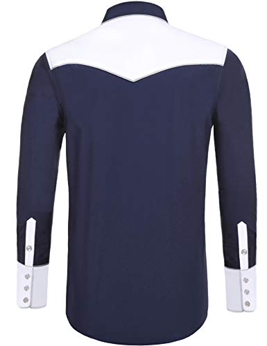 Daupanzees Men's Long Sleeve Embroidered Design Western Shirt Slim Fit Floral Print Casual Button Down Shirts(Navy Blue XL)