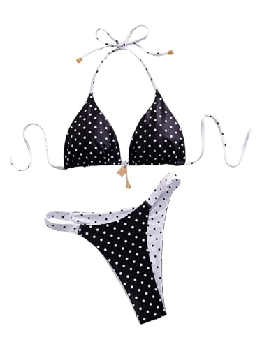 BEAUDRM Women's 2 Piece Polka Dots Bikini Set Halter String High Cut Thong Reversible Bathing Suits Resort Wear Black and White Large