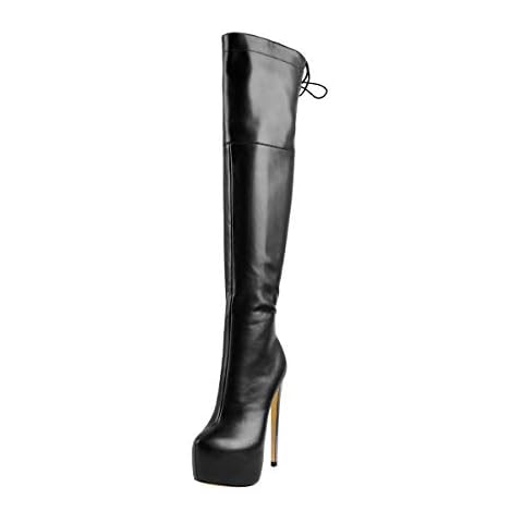 MissHeel Knee High Platform Boots Round Toe Lace-up Stiletto High Heels Autumn Dress Heel Bootie Black Size 13 Cover