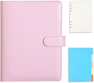 A5 Ring Binder, 6 Ring PU Leather Loose Leaf Notebook Planner Notebook Cover with 45 Sheets A5 Lined Paper, Binder Dividers for School Office Meetings Pink