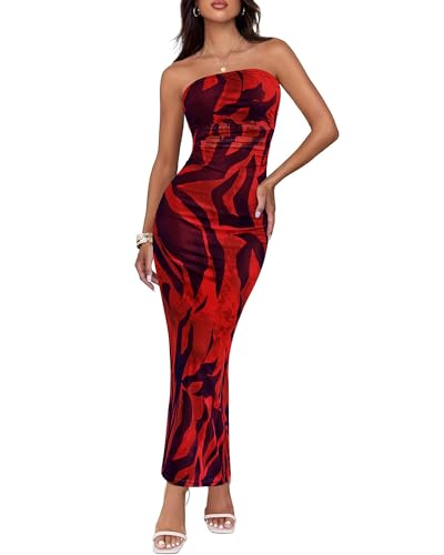 BTFBM Women's Floral Maxi Dresses Summer 2025 Strapless Tube Bodycon Mesh Layered Cocktail Party Wedding Guest Dress