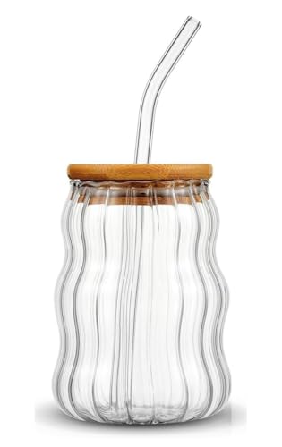 Image of Wave Shape Stripped Glass Coffee Tumbler (Pack of 2) with Wooden Lid and Straw, 550 ml, Transparent | Glass Tumbler for Coffee, ice Tea, Milk Shakes, Smoothies and Other Beverages