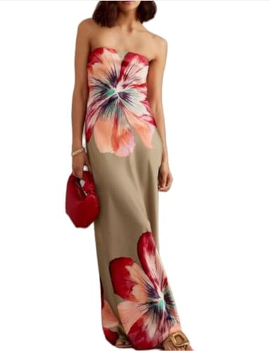 Loalirando Women Sexy Floral Bandeau Maxi Dress Sleeveless Off Shoulder Flowers Pattern Tube Loose Fit Satin Mesh Strapless Beach Dress Party Streetwear (Green, XL)