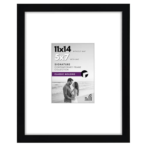 Americanflat 11x14 Picture Frame with Shatter-Resistant Glass - Use as 5x7 Frame with Mat or Display 11x14 Photo Without Mat - Signature Collection - Picture Frames for Wall Display - Black