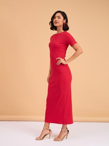 Image of barcino Red Rib Bodycon Back Slit Maxi Dress