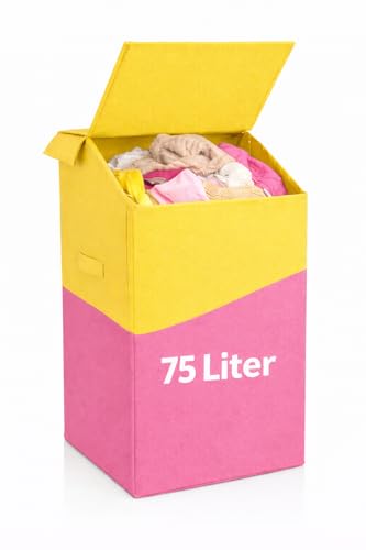 Image of 75L Large Laundry Basket with Lid, Foldable Non-Woven Fabric Clothes Hamper with Durable Handles, Heavy Duty Storage Bag for Bedroom, Bathroom, Nursery & Toys, Space-Saving Organizer (pink yellow)
