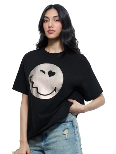 T-shirt noir graphique imprimé Smiley en coton doux coupe oversize avec détails paillettes