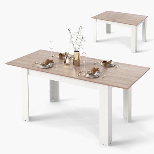 COSTWAY Table Extensible Salle a Manger, Table Cuisine Extensible 6 Personnes Bois et Blanc, 120-158 cm, Pieds en Forme de L, Gain de Place (Blanc Naturel)