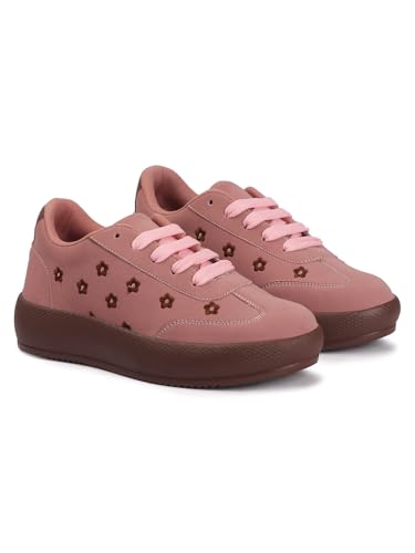 Image of TRYME Floral Platform Sneakers for Women | Lightweight Lace-Up Casual Shoes for College, Travel