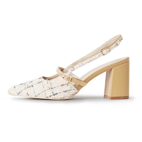 J. Adams Lori Women's Tweed Pointed Toe Block Heel Slingback Pumps - Stylish and Comfortable Mary Jane Heels Black2