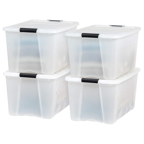 Image of IRIS USA 72 QT Plastic Storage Box with Lid and Latches - 8 Pack - BPA-Free, Discreet Organizing Solution, Durable Nestable Stackable Containers, Secure Pull Handle - Pearl