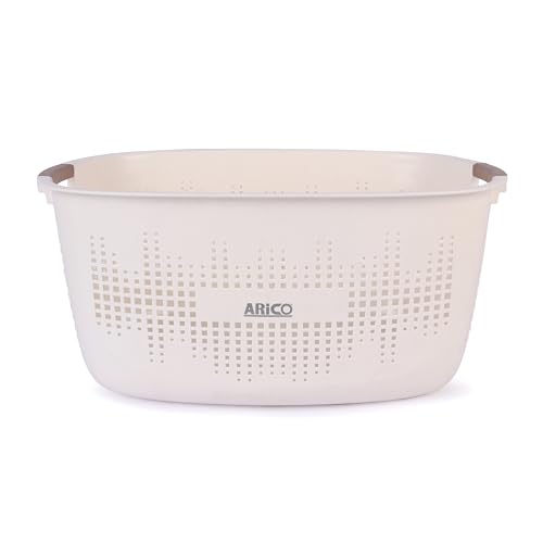 Image of ARICO Premium Plastic Laundry Basket with Comfort Grip Handles - Large Ventilated Clothes Storage Organizer for Bathroom, Bedroom & Home (Off-White, Oval Shape)