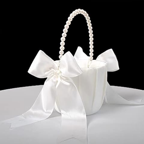 ATAILOVE Ivory Flower Girl Basket with Pearl Handle Cover