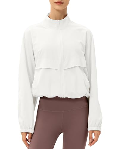 Locachy Women's Lightweight Zip Up Athletic Jacket Stand Collar Windproof Sun Protection Workout Outdoor Jacket White M