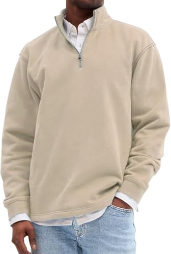 Mens Quarter Zip Collared Shirt Casual Plain Long Sleeve Polo Shirts Lightweight Pullover Fall Fashion Sweaters Top (Khaki,XX-Large)