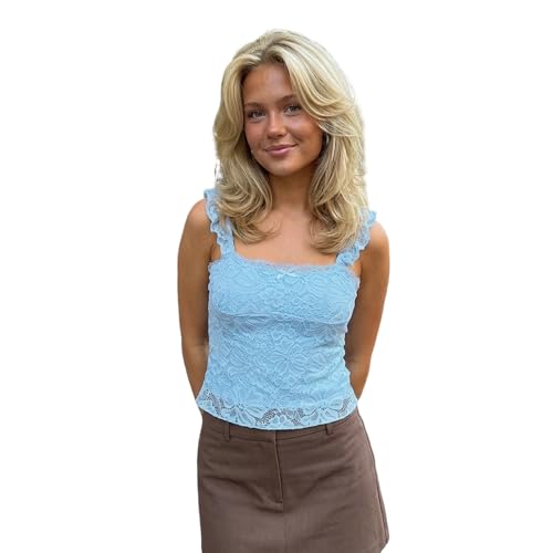Image of Felcia Women's Summer Y2k Lace Cami Tops Sleeveless Backless Low Cut Lace Floral Tank Tops (A-Sky Blue, S)