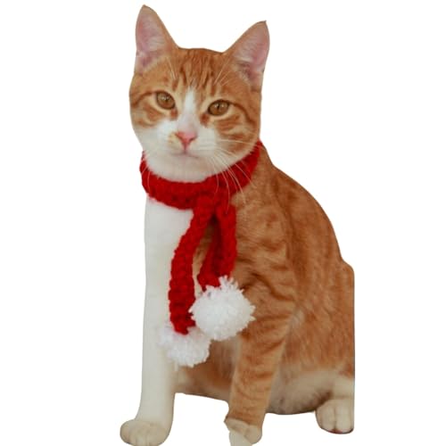 Handmade Knitted Red Cat Scarf with White Pompom, Christmas Cat Gifte, Funni Christmas Cat