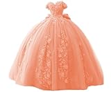 TRHTX Women's Off Shoulder Prom Dresses Long Ball Gowns Lace Quinceanera Dresses Puffy Coral Sweet 15 16 Gowns 10
