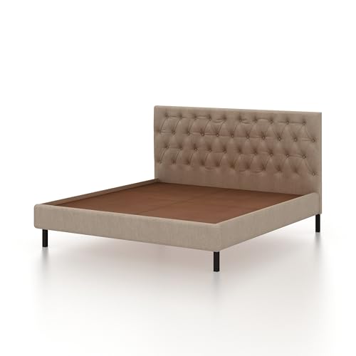 Image of Ganpati Arts Solid Sheesham Wood Fabrio Upholstered Queen Size Bed Without Storage and Tufted Headboard | Durable Wooden Double Bed Cot Palang for Bedroom, Hotels and Home Furniture (Seasame)