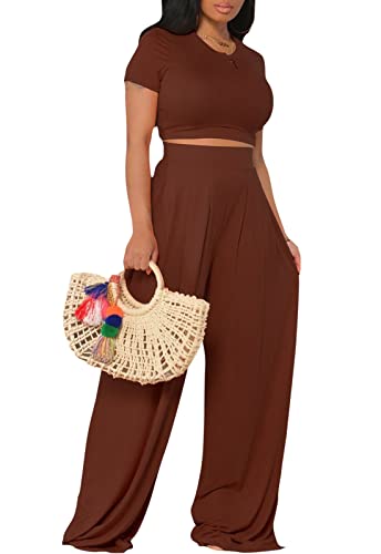 Image of Casual Summer 2 Piece Outfits for Women Crop Top High Waist Pants Sets