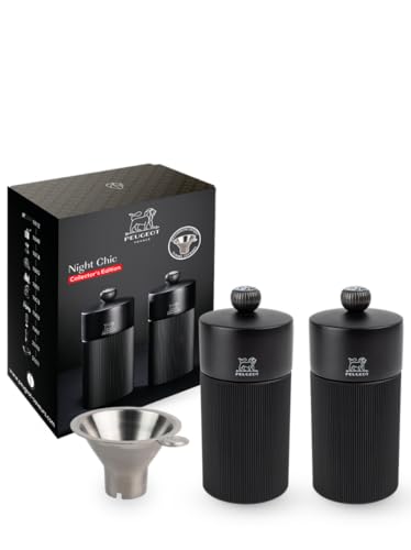 Peugeot Limited Edition Night Chic Salt Mill and Pepper Mill 12cm/4.7in, Black. Includes refill funnel