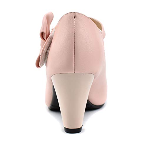 100Fixeo Chic Mary Jane Shoes Women Heels And Pumps Ladies Block High Heel Sweet Ankle Strap Dress Pumps Hook And Loop Bow Heels Closed Toe (Pink,6.5) #TOP3