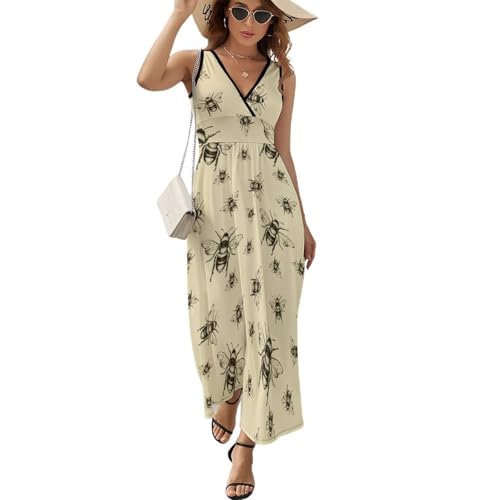 Retro Honey Bee Ladies Casual Summer Sleeveless Loose Long Dress L