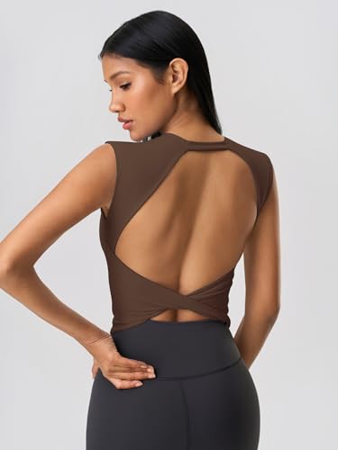 Image of ABOCIW Women Twist Back Workout Top with Built in Bra Cap Sleeve Pilates Yoga Crop Top Athletic Gym Shirt