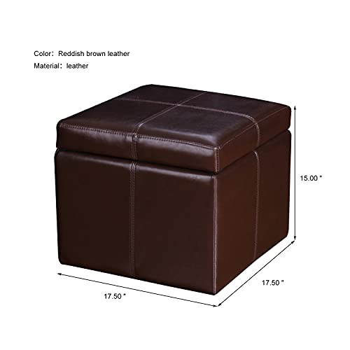 Joveco 17.5" Storage Ottoman Bonded Leather Square Cube Footrest (Reddish Brown) #TOP2