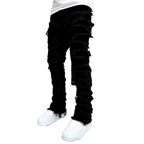 Mens Slim Fit Ripped Skinny Jeans Straight Leg Hip Hop Jean Distressed Destroyed Denim Pants