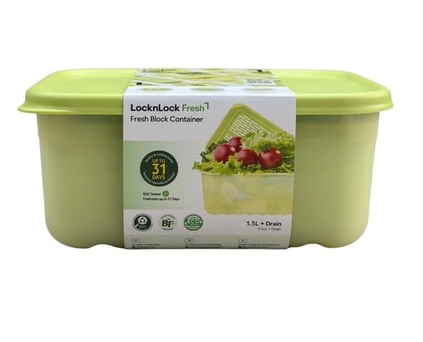 Image of LocknLock Fresh Block 1.5L Vegetable Storage Container with Drain Tray | Airtight Fridge Storage Box with Air Vent System | BPA-Free Fruit & Vegetable Keeper for Refrigerator