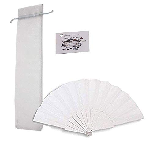 72 Abanicos Blancos para Bodas con Bolsa de Organza y 72 Tarjetas con la personalización de tu Evento. Detalles para Bodas, comuniones y bautizos.