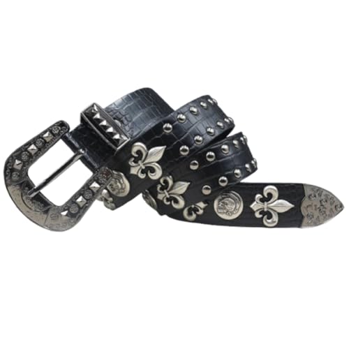 Studded Embossed Leather Belt for Women Men,Gothic Punk Western Strap with Skull Head Rivets & Crocodile Pattern2