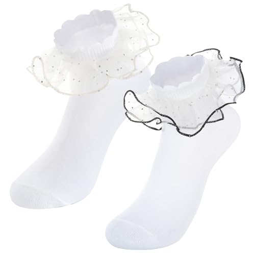 2 Pairs Girls Lace Ruffle Socks White Double Lace Frilly Socks for Girls Toddler Frilly Dress