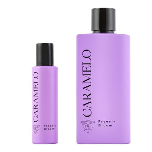 CARAMELO - Freesia Bloom Promoción 100 + 30 ml, Colonia Mujer, Pack 2 Productos, Perfume Formato Spray, Eau de Toilette Natural y Femenina, Aroma Frutal Amaderado, Fragancia Fresca, Elegante