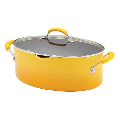 Rachael Ray Classic Brights Porcelain 8-Quart Covered Oval Pasta Pot with Pour Spout, Yellow Gradient
