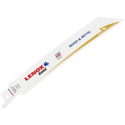 LENOX Tools 21064610GR Gold Power Arc Reciprocating Saw Blade, For Thick Metal, Wood, Plastic Cutting, 6-inch, 10 TPI, 5-Pack