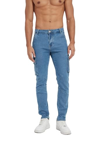 Men's Ripped Slim Skinny Fit Jeans with Pockets Stretch Fashion Comfort Flex Waist Cargo Denim Pants Blue 34