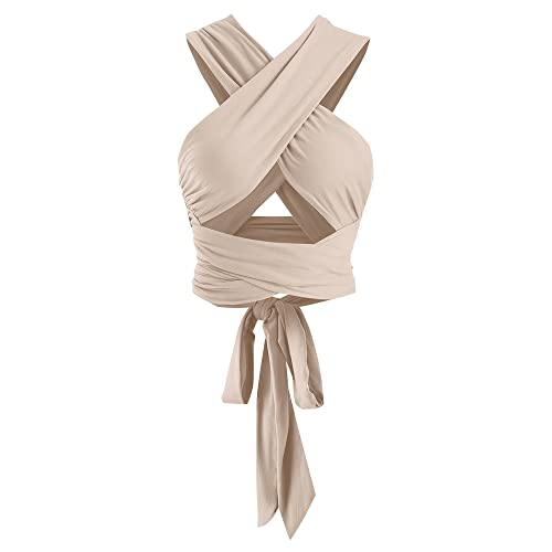 ZAFUL Womens Ribbed Halter Crop Top Ruched Lace-up Cropped Cami Bandana Top Criss Cross Wrap Print Tank Top Beige